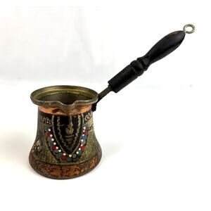 Vintage Turkish‎ Copper Coffee Pot Kettle Wooden Handle Hand Painted Decor Cezve